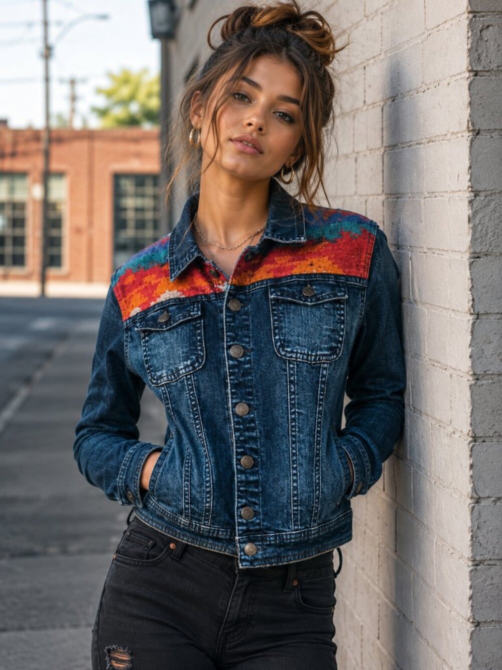Coastal Cowgirl Zara Denim Jacket Southwestern Tapestry Yoke Dark Wash Large